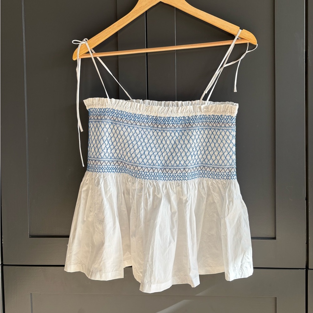 J. Crew White and Blue Embroidered Smocked Camisole